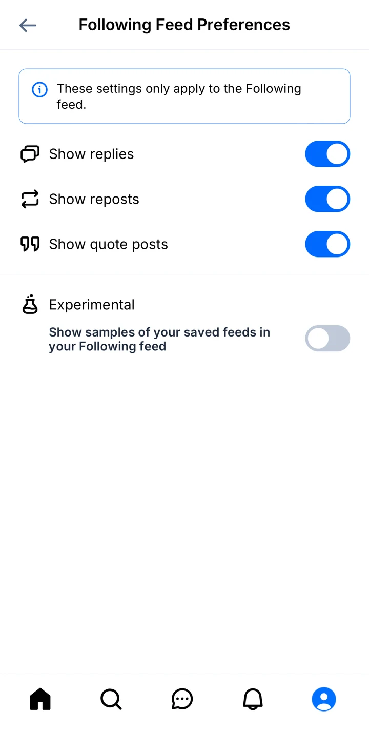 Bluesky Following preferences in Peach