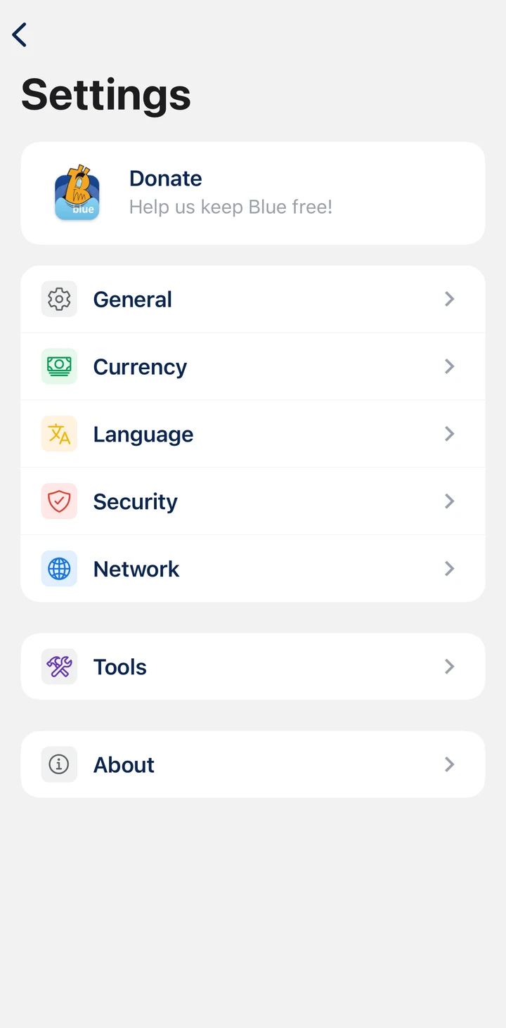 BlueWallet Settings on iOS