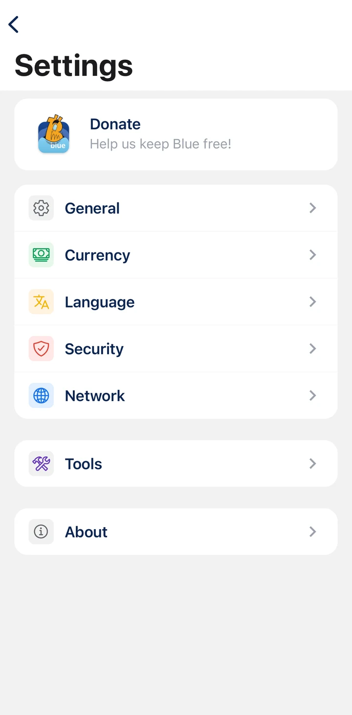 BlueWallet Settings in Peach