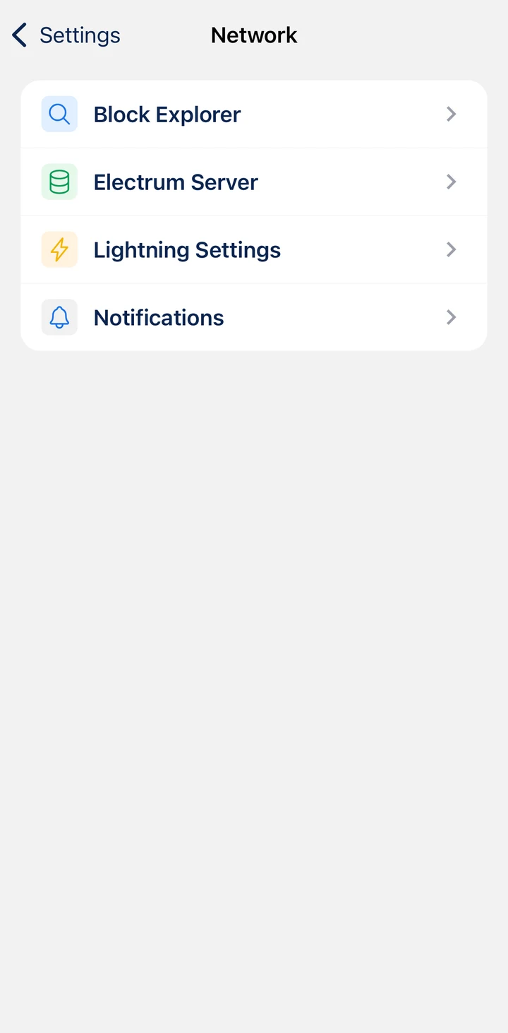 BlueWallet Network settings on iOS