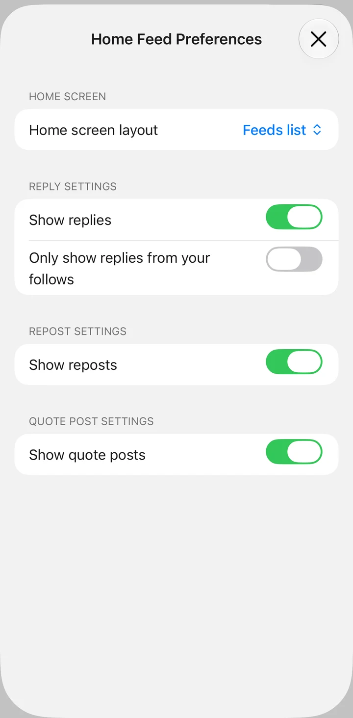 Graysky Feed settings on iOS