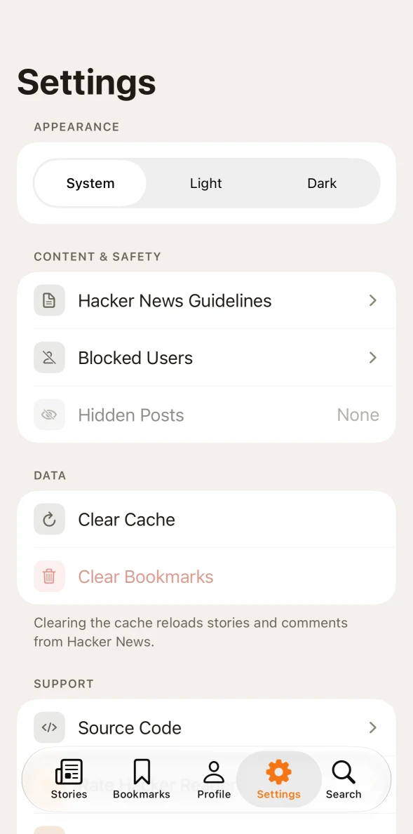 Hacker Reader Settings in Peach