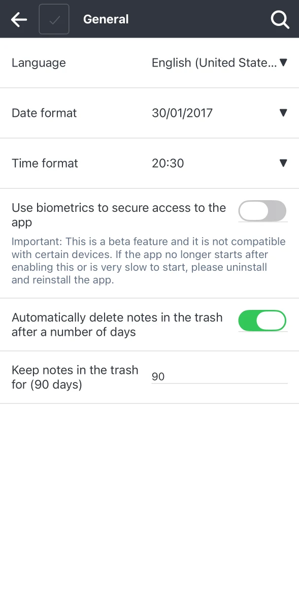 Joplin General settings on iOS