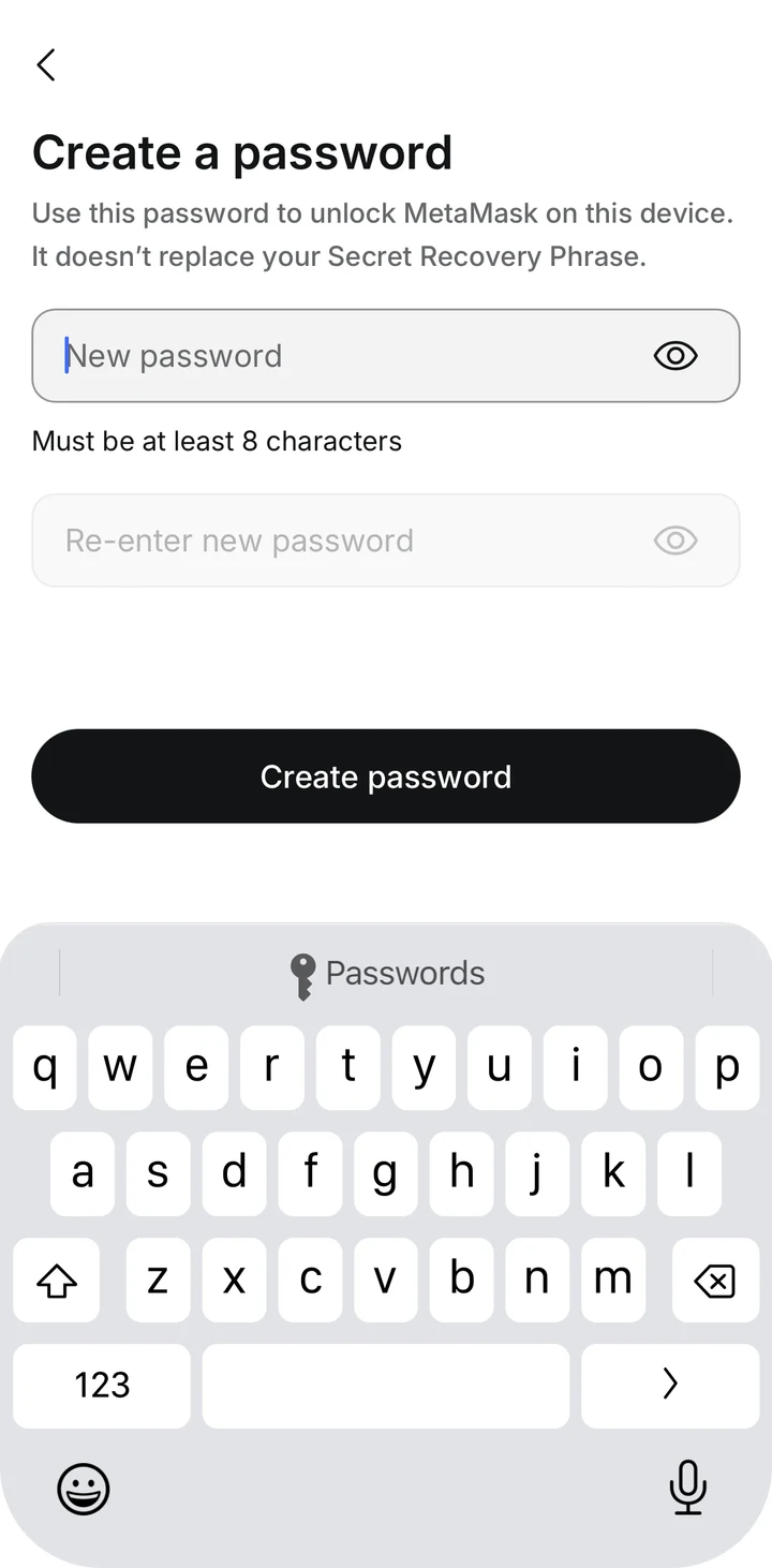 MetaMask Create password in Peach