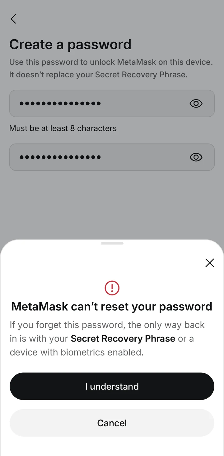 MetaMask Password warning in Peach