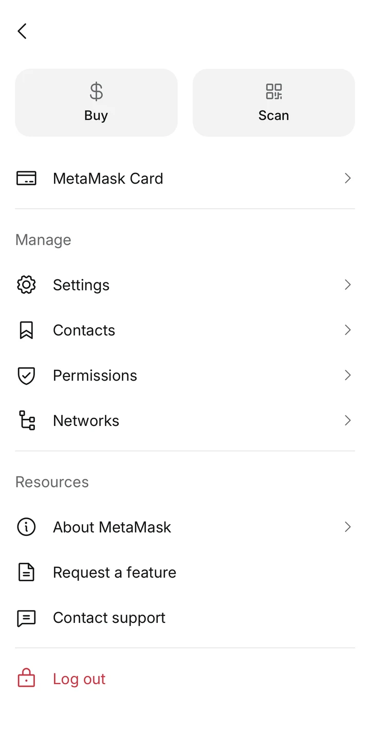 MetaMask Menu on iOS