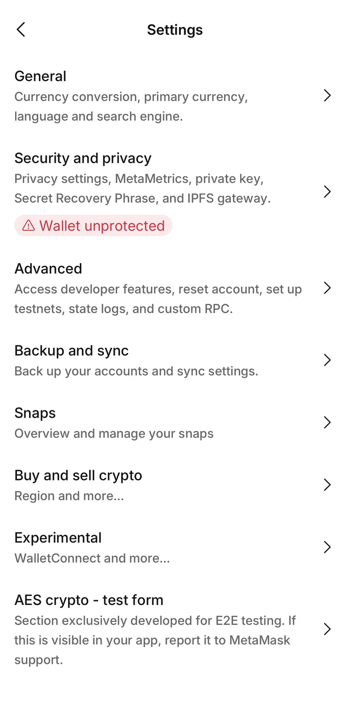 MetaMask Settings on iOS