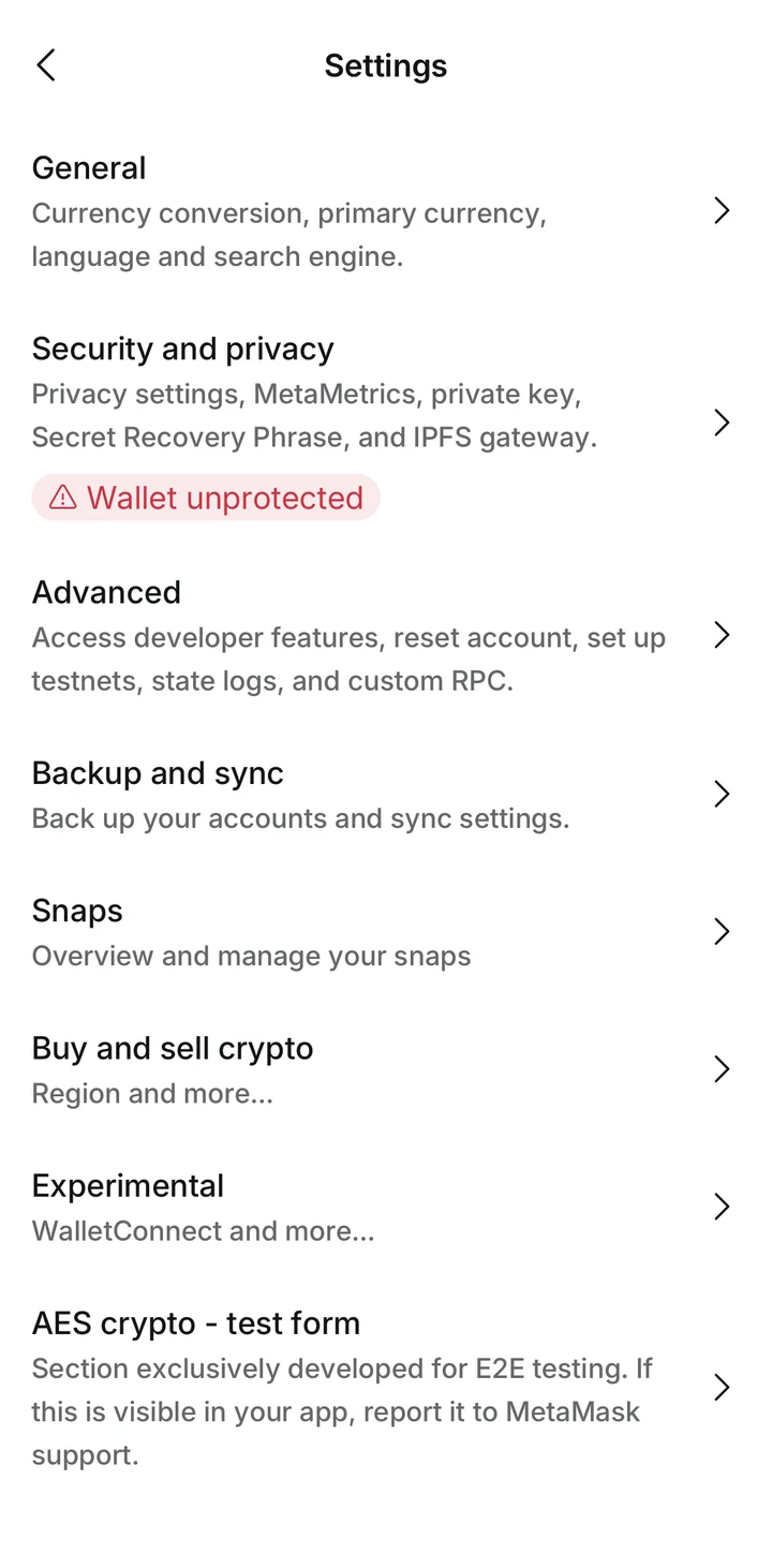 MetaMask Settings in Peach