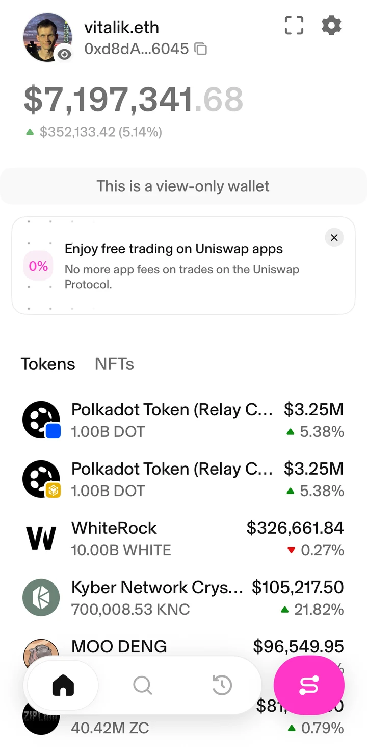 Uniswap Wallet home on iOS