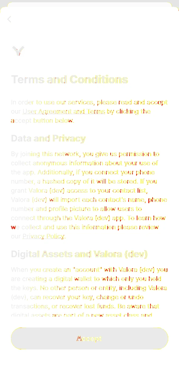 Valora Wallet terms pixel diff