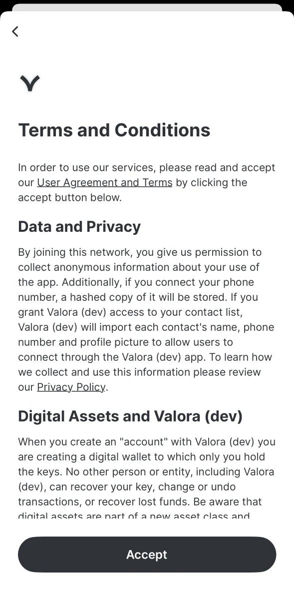 Valora Wallet terms on iOS
