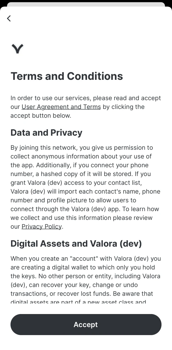 Valora Wallet terms in Peach